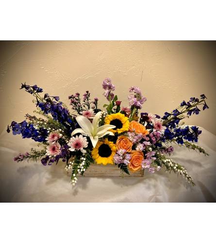 Rustic Wooden Box filled with Assorted Mixed Flowers