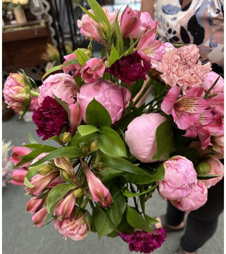 Peony Pink Mixed Bouquet. An arrangement by Fellows Fernlea Flowers.