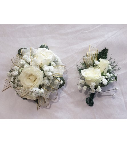 Classic White & Gold Spray Rose Corsage & Boutonniere Combo Pack