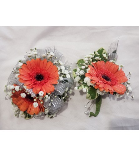 Electric Orange Gerbera Daisy Corsage & Boutonniere Combo Pack