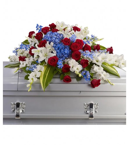 Red, White, and Blue Tribute Foot Spray. An arrangement by Bourbon Babes Bouquet and Boutique.