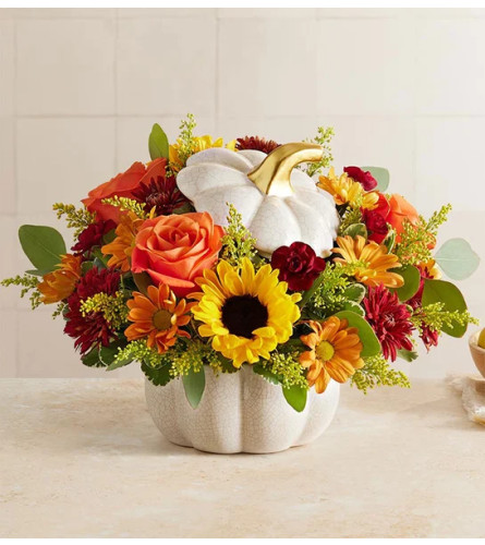 WHITE AUTUMN PUMPKIN - Deluxe. An arrangement by J.D. Ballantine's Flowers and Gifts.