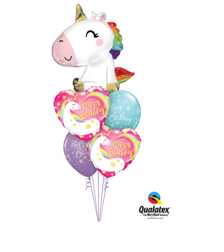 Sitting Unicorn Cheerful Balloon Bouquet. An arrangement by Balloon Bouquets Plus.