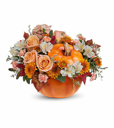 Bouquet in Pumpkin Vase - Deluxe. An arrangement by Flowers and Beyond.