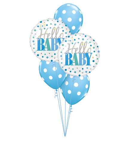 Hello Baby Blue Dots Classic Balloon Bouquet. An arrangement by Balloon Bouquets Plus.