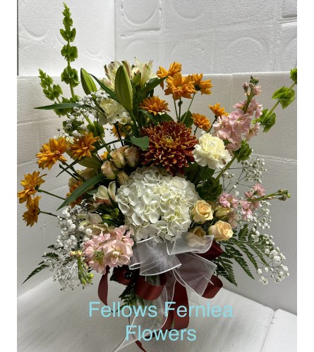 Fellows Harvest Sunset Elegance. An arrangement by Fellows Fernlea Flowers.