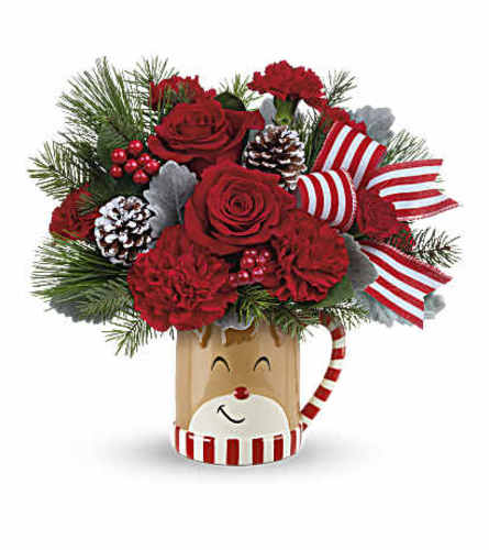 Reindeer Wish Send A Hug Mug. An arrangement by Vaillant Florist.