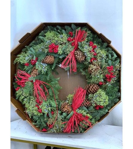 Enchanted Forest Outdoor Wreath. An arrangement by Roma James Gifts.