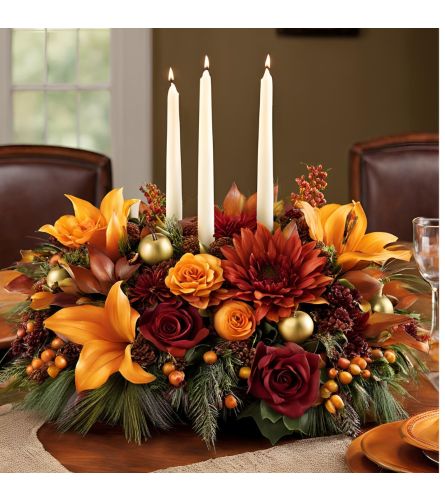 Classic Thanksgiving Table. An arrangement by New Britain Flower Shop.