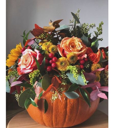 Thanksgiving Pumpkin. An arrangement by New Britain Flower Shop.