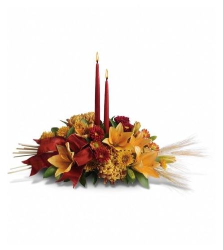 Thaksgiving Doubble Candle Classic. An arrangement by New Britain Flower Shop.