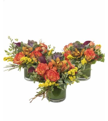 3 Thanksgiving Fall Vases. An arrangement by New Britain Flower Shop.