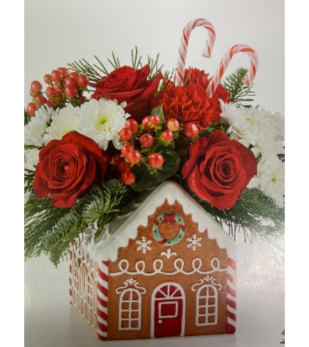 Gingerbread House. An arrangement by Flower Spot Florist.