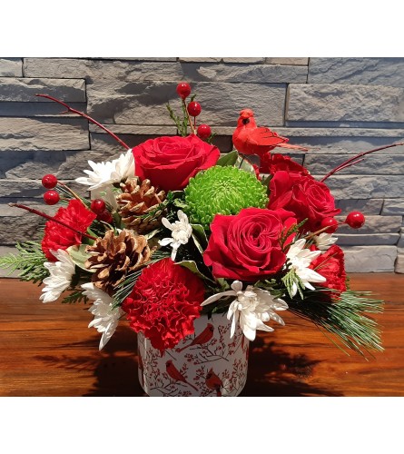 Cardinal Christmas Centrepiece - Deluxe. An arrangement by Loyalist Flowers.