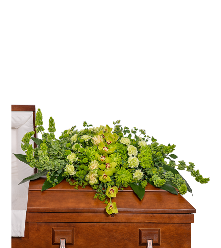 Tranquil Oasis Casket Spray with Orchids. An arrangement by The Flower Shop of Lake Charles.
