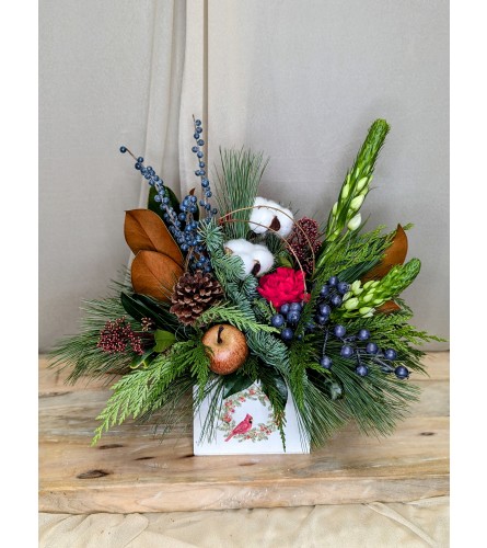 Winter Cardinal Delight. An arrangement by The Garden Gate Gifts and Florals.