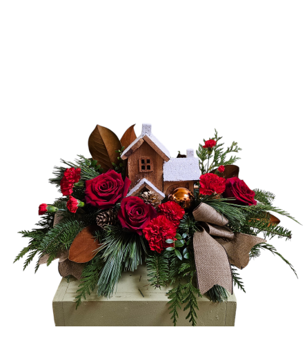 Flower Trends Christmas cabin. An arrangement by Flower Trends Florists.
