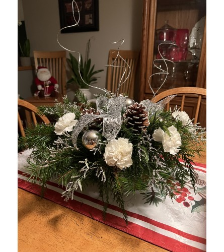 Festive Silver and White Centerpiece - Deluxe. An arrangement by Renton Flower Shop.