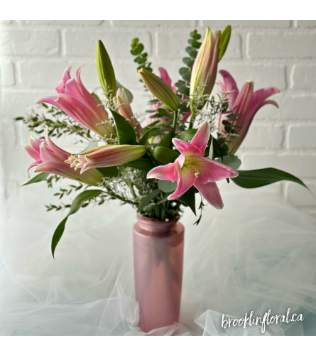 Pretty in Pink Lilies. An arrangement by Brooklin Floral and Garden Shoppe Inc..