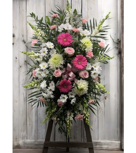 Pink and White Standing Spray. An arrangement by DMP Flowers and Gifts.