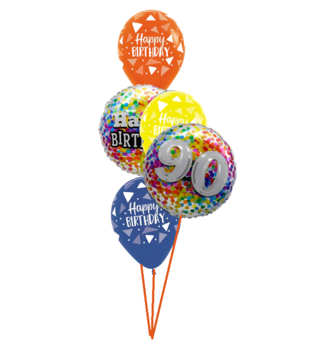 90th Birthday Rainbow Confetti Classic Balloon Bouquet. An arrangement by Balloon Bouquets Plus.