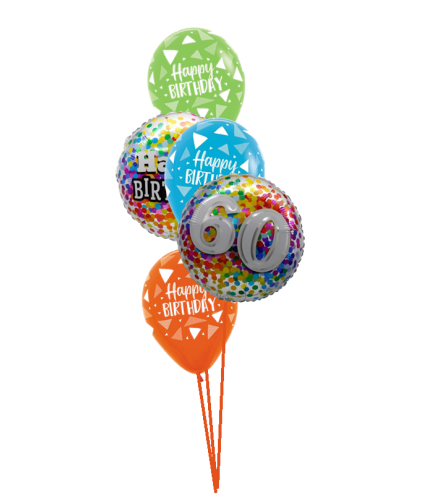 60th Birthday Rainbow Confetti Classic Balloon Bouquet. An arrangement by Balloon Bouquets Plus.