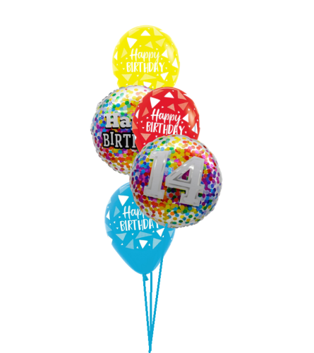 14th Birthday Rainbow Confetti Classic Balloon Bouquet. An arrangement by Balloon Bouquets Plus.