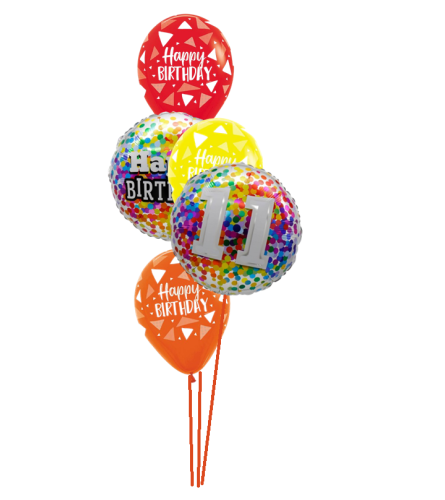 11th Birthday Rainbow Confetti Classic Balloon Bouquet. An arrangement by Balloon Bouquets Plus.