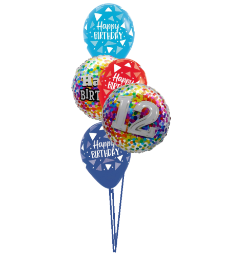 12th Birthday Rainbow Confetti Classic Balloon Bouquet. An arrangement by Balloon Bouquets Plus.