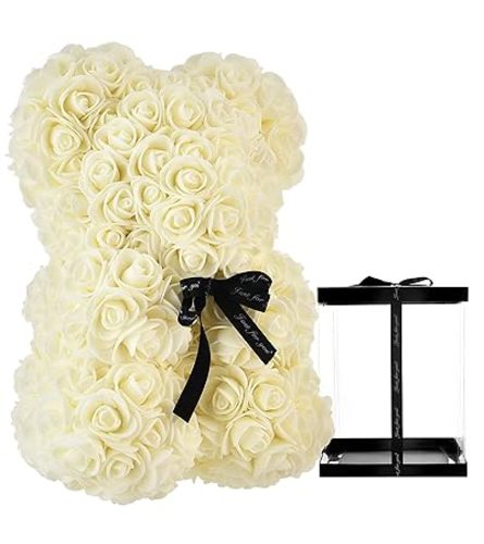White Rose Teddy Bear. An arrangement by New Bloominghill Flowers.
