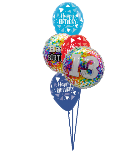 13th Birthday Rainbow Confetti Classic Balloon Bouquet. An arrangement by Balloon Bouquets Plus.