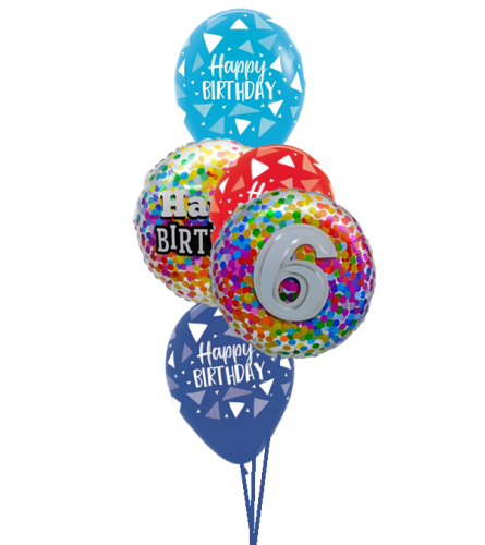6th Birthday Rainbow Confetti Classic Balloon Bouquet. An arrangement by Balloon Bouquets Plus.
