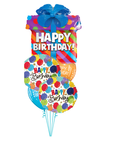 Happy Birthday Present Cheerful Balloon Bouquet. An arrangement by Balloon Bouquets Plus.