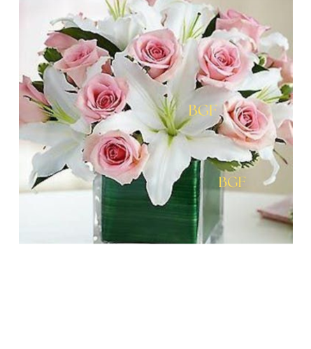 White Lilies and Pink Roses. An arrangement by Brickell Ave Florist.