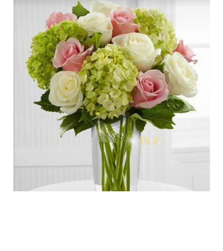 Green White and Pink. An arrangement by Brickell Ave Florist.