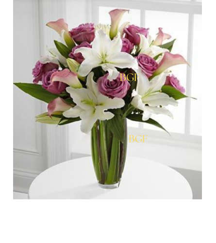 White lavender Roses Cala. An arrangement by Brickell Exclusive Blooms.