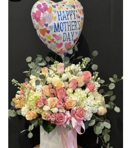 Mothers Day Box and Balloon - Standard. An arrangement by Berlin Flower Shop.