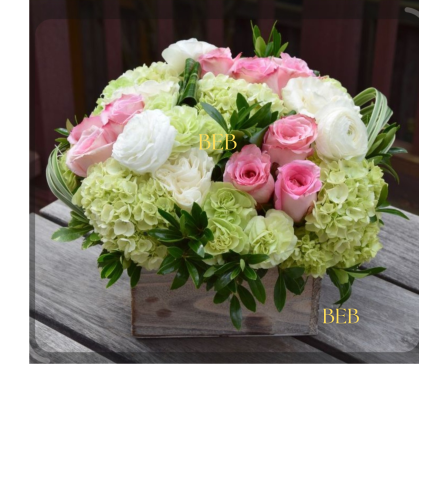 Wooden Cube with Green. An arrangement by Brickell Exclusive Blooms.