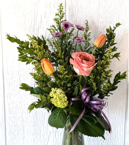 Rose and Tulip Budvase. An arrangement by Block Farms Flowers.