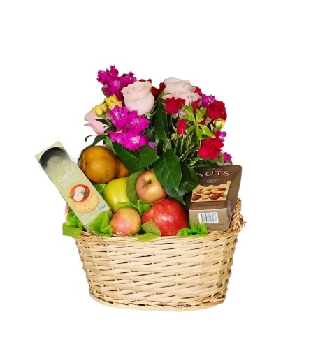 Fruit n Flower Delight basket. An arrangement by Azi Flowers.