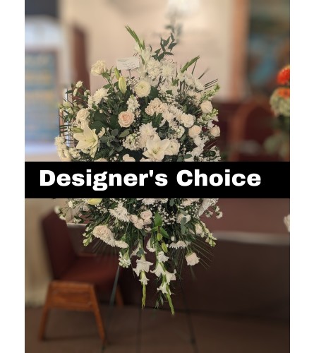 Designer's Choice - White Standing Spray - Deluxe. An arrangement by Ricky's Flowers and More.