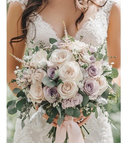 Wedding Pale lavender and Ivory love bridal bouquet. An arrangement by Timp Valley Floral.
