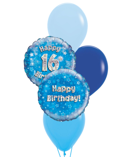 16th Birthday Blue Holographic Colourful Classic Balloon Bouquet. An arrangement by Balloon Bouquets Plus.
