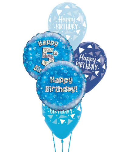 5th Birthday Blue Holo Classic Balloon Bouquet. An arrangement by Balloon Bouquets Plus.