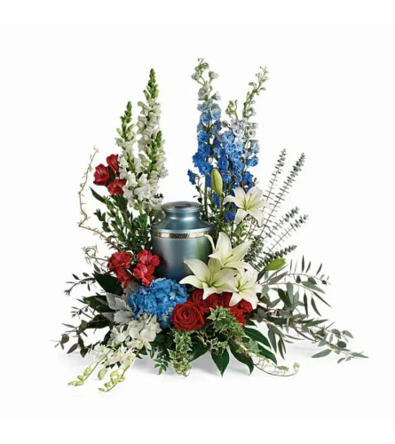 Patriotic Urn/Cremation Memorial Spray. An arrangement by Timp Valley Floral.