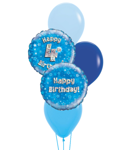 4th Birthday Blue Holo Colourful Classic Balloon Bouquet. An arrangement by Balloon Bouquets Plus.