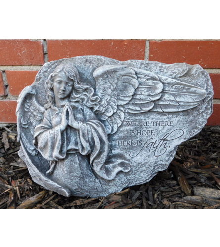 Statue Hope and Faith Angel Rock. An arrangement by Tom Rodgers Flowers.