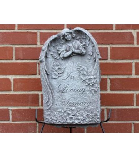 Stone Plaque - In Loving Memory Angel. An arrangement by Tom Rodgers Flowers.