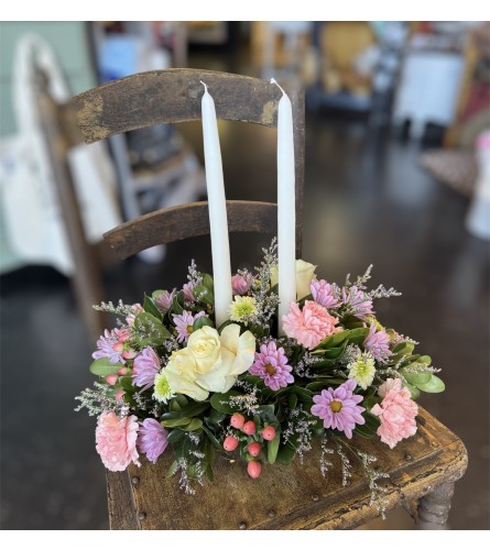 Candlelight Pastels Centrepiece - Standard. An arrangement by In Bloom.