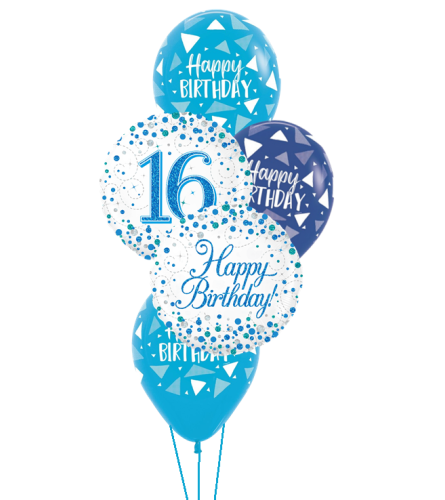 Sparkling Fizz 16th Blue Birthday Classic Balloon Bouquet. An arrangement by Balloon Bouquets Plus.